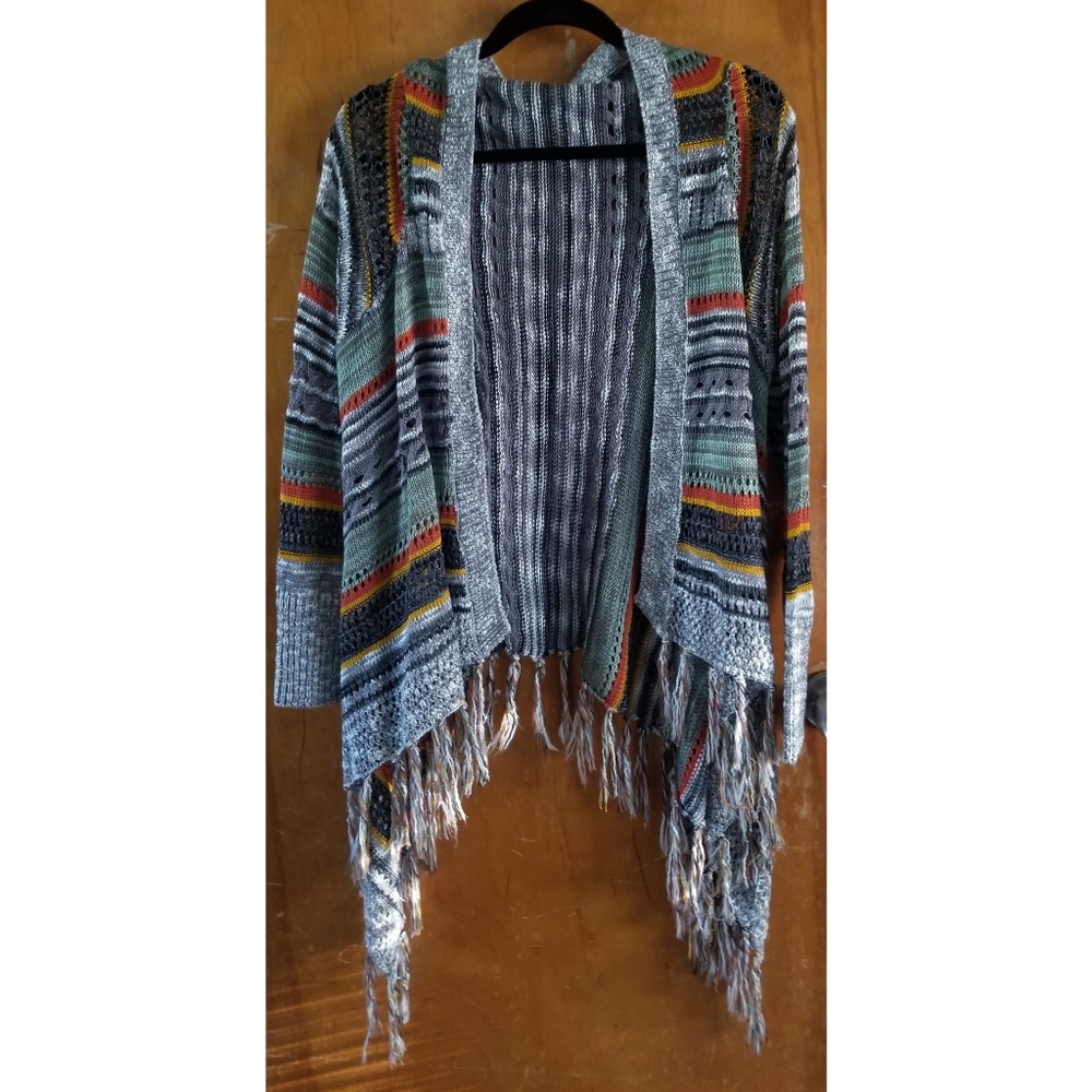 Striped Sweater Cardigan with Fringed Hem